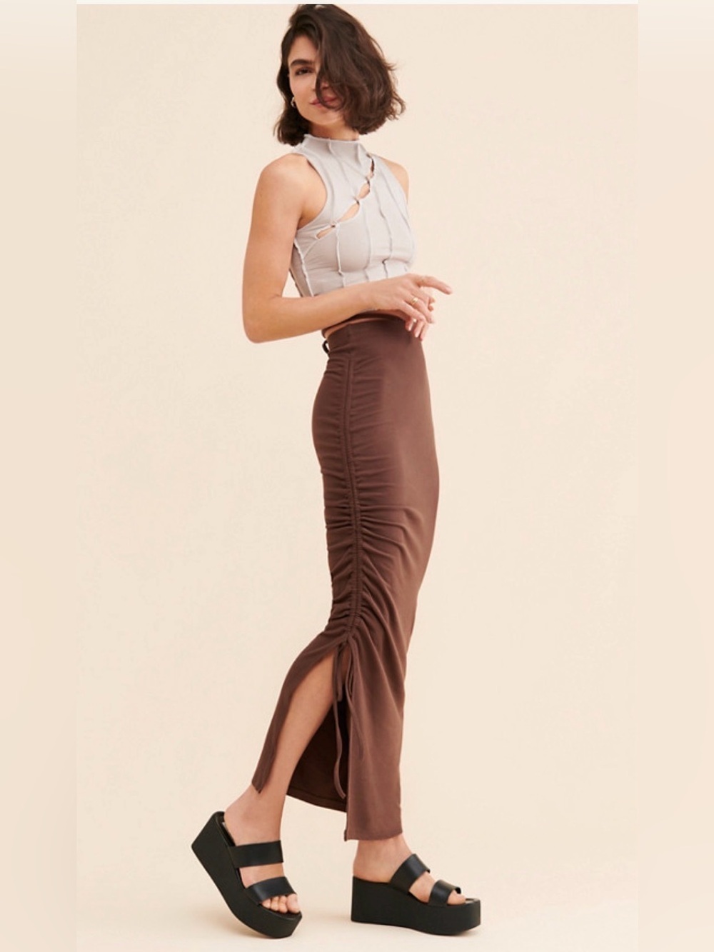 Anthropologie Bayse Rucked Midi Chocolate Skirt , XL
